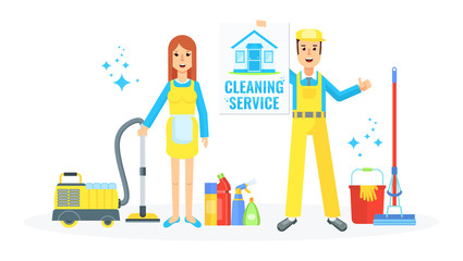 Cleaning service staff team. Vector flat cartoon character.