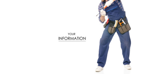 man builder with toolbelt industry worker pattern on white background isolation