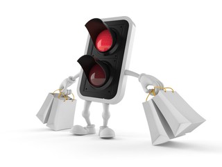 Red traffic light character holding shopping bags