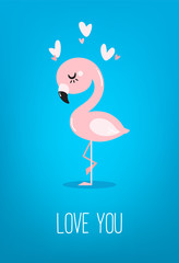 Cute baby flamingo with hearts on blue background. Happy Valentine's day card. Vector.