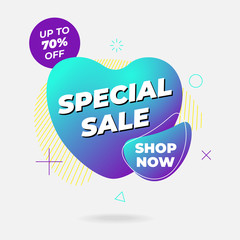 Sale banner template design. Special sale shop now on abstract liquid shape. Flat geometric gradient colored graphic element in heart fluid formd. Vector illustration