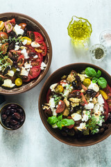 Italian traditional Tuscan panzanella salad with fresh tomatoes and cheese in clay plates. authentic Mediterranean healthy food
