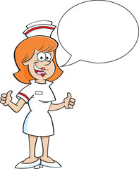 Cartoon illustration of a nurse with a caption balloon giving thumbs up.