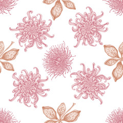 Seamless pattern with hand drawn pastel japanese chrysanthemum, blackberry lily, eucalyptus flower