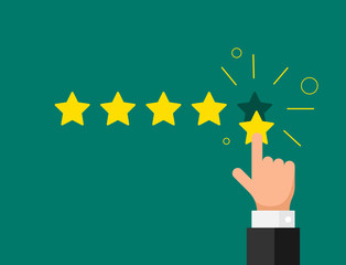 Online feedback reputation quality customer review concept flat style. Businessman hand finger pointing five gold star rating on green background. Vector illustration