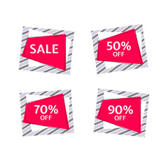 Tag sale 50, 70, 90% off Banner of polygons and stripes lines on a white background Modern design element of advertising sale promotion discount Bright price tag banner sticker advertising sale Vector