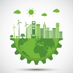 Ecology and Environmental Concept,Earth Symbol With Green Gear Around Cities Help The World With Eco-Friendly Ideas