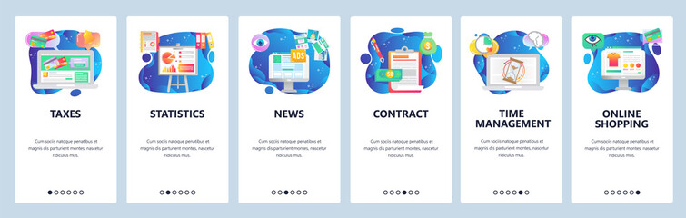 Mobile app onboarding screens. Financial chart, online payment, sign contract, time management. Menu vector banner template for website and mobile development. Web site design flat illustration