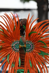 A young woman with a costume made of red colored feathers on a carnival event in Berlin-Germany.