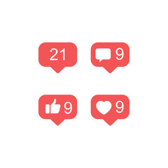 Social media set notifications icons .Flat design social network rating icons: thumbs up icon, heart symbol, repost and new follower set