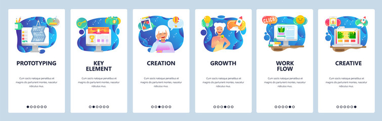 Mobile app onboarding screens. Business desk, travel dream, prototyping. Menu vector banner template for website and mobile development. Web site design flat illustration