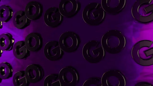 Abstract animation of threedimensional chrome logotypes "Go" placing on glossy purple surface. Animation. Motivation and logos concept