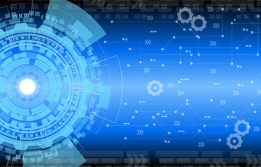 Technology white circle gear connect with system or server. concept information digital abstract blue background vector illustration