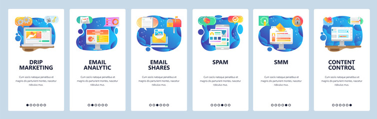 Mobile app onboarding screens. Digital and Social Media marketing, email spam, content analytics. Menu vector banner template for website and mobile development. Web site design flat illustration