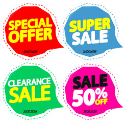 Set Sale speech bubble banners, discount 50% off, promotion tags design template, app icons, vector illustration