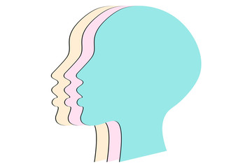Women's rights concept background. Three silhouettes of female heads with pastel colors. Equality and feminism.