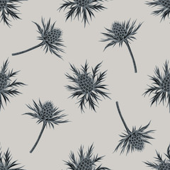 Seamless pattern with hand drawn stylized blue eryngo