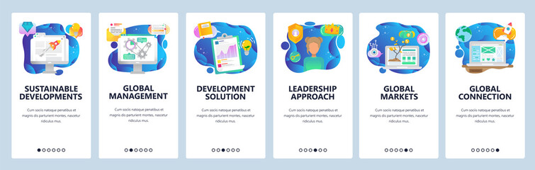 Mobile app onboarding screens. Business plan and analytics, charts, global management, money tree. Menu vector banner template for website and mobile development. Web site design flat illustration
