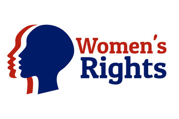 Women's rights concept background and logo. Three silhouettes of female heads with national colors of United States of America flag. Equality and feminism.