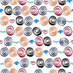 Swirling artistic pattern with eyes, lashes and lips