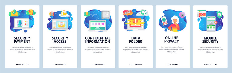 Mobile app onboarding screens. Mobile content feed, sales countdown, secure access, email, online shopping. Vector banner template for website and mobile development. Web site flat illustration