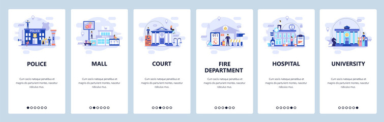 Mobile app onboarding screens. City buildings infrastructure, police, hospital, university, shopping mall. Vector banner template for website and mobile development. Web site design flat illustration
