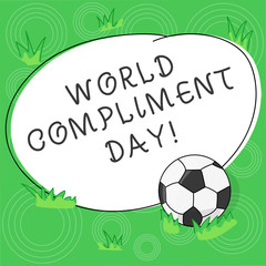 Writing note showing World Compliment Day. Business photo showcasing basic huanalysis need for recognition and appreciation day Soccer Ball on the Grass and Blank Outlined Round Color Shape photo