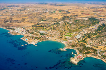Cyprus. Cyprus island coast panorama from a drone. The landscape of Cyprus. Cypriot cities. Mediterranean sea shore.