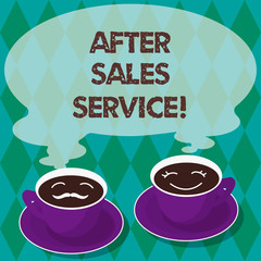 Writing note showing After Sales Service. Business photo showcasing support provided after merchandise have been sold Sets of Cup Saucer for His and Hers Coffee Face icon with Blank Steam