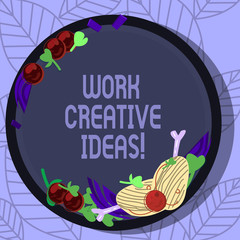 Writing note showing Work Creative Ideas. Business photo showcasing has ability to invent and develop original thoughts Hand Drawn Lamb Chops Herb Spice Cherry Tomatoes on Blank Color Plate