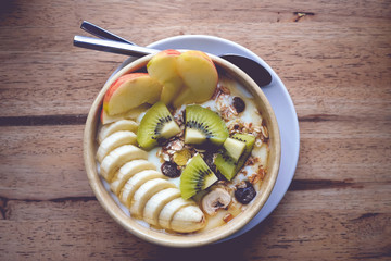 Mixed fruits and yogurt Clean food for health, start a good life with good quality breakfast.
