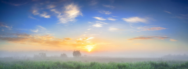 summer landscape panorama with sunrise and fog