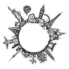 Famous world landmarks located around the globe isolated on white background. Design for travel and tourism with copy space