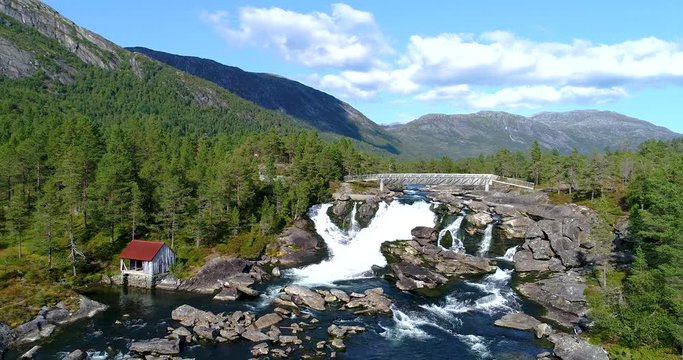 AERIAL: Likhole waterfall. Gaularfjellet, Norway.