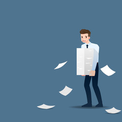 Anxious and tired businessman hold many stack of paper documents to do to complete tasks according to goals and deadlines.