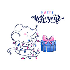 2020 Happy chinese new year. Rat zodiac sign. Vector illustration of little cute rat with a New Year's gift. Handwritten lettering - Happy New Year. For greeting card, poster and banner template.