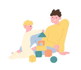 Father and son playing with toy building blocks or construction kit. Dad and kid spending time together at home. Parent and child enjoying leisure activity. Flat cartoon colorful vector illustration.