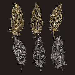 Set of gold and silver feather. Vector illustration. EPS 10.