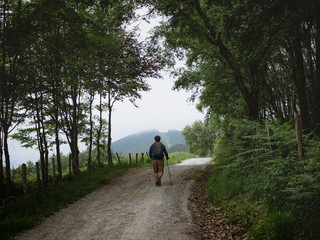 Young man hiking on a foggy day