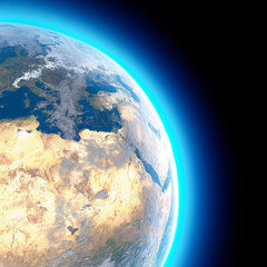 Physical map of the world, satellite view of Europe and North Africa. Globe. Hemisphere. Reliefs and oceans. 3d rendering. Elements of this image are furnished by NASA