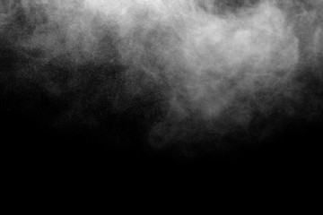 white smoke isolated, abstract powder, water spray on black background.