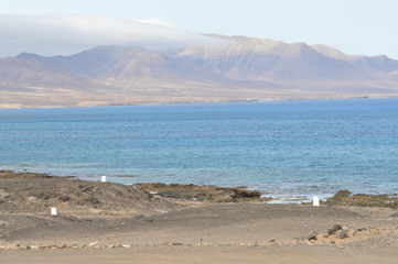 Nice Landscape Of The Bay And A Desertic Volcanic Mountain At The Bottom At Punta Jandia. July 3, 2013. Punta Jandia, Pajara, Fuerteventura, Canary Islands, Spain, Europe. Landscapes, Nature.