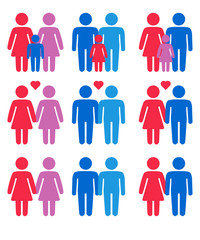 Gay, lesbian couples and family with children icons set