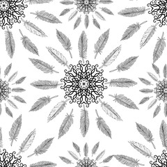 Seamless pattern with Mandala. Dreamcatcher.  Round Ornament pattern background with abstract feathers. Vector illustration. EPS 10