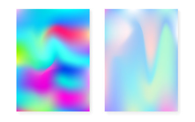 Hologram gradient background set with holographic cover. 90s, 80s retro style. Pearlescent graphic template for flyer, poster, banner, mobile app. Neon minimal hologram gradient.