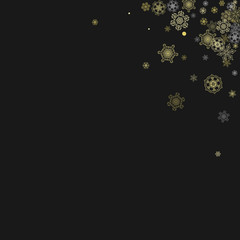 Glitter snowflakes frame on black background. Winter window. Shiny Christmas and New Year frame for gift certificate, ads, banners, flyers. Falling snow with golden glitter snowflakes for party invite