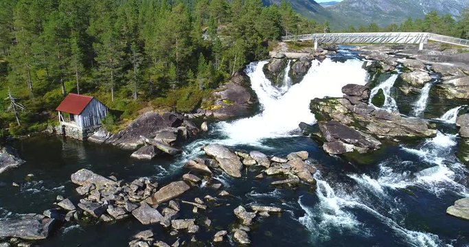 AERIAL: Likhole waterfall. Gaularfjellet, Norway.