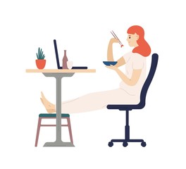 Fototapeta premium Cute smiling girl eating dinner with chopsticks and watching movies on laptop computer. Adorable young woman dining at home. Daily recreational activity. Flat cartoon colorful vector illustration.