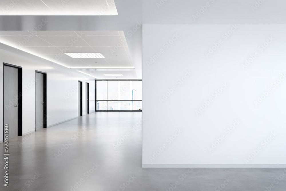 Poster Blank wall in office mockup with large windows and sun passing through 3D rendering