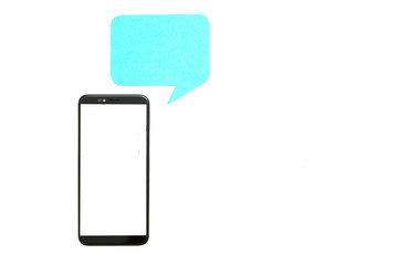 Internet communication. Mockup smartphone screen and blue chat icon above isolated on white background. Copy space.